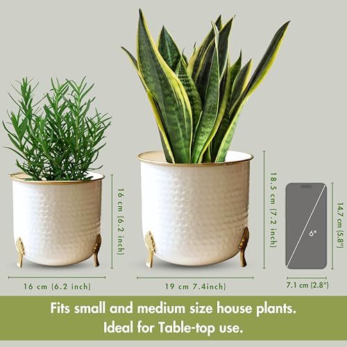 BEHOMA Metal Hammered Leaf Leg Planter Set of 2, White Planter with Golden Trim, Modern Indoor Outdoor Decor Balcony Living Room Office |Table Decoratives Plant Pot for Gifting (Plant not Included) - Image 4