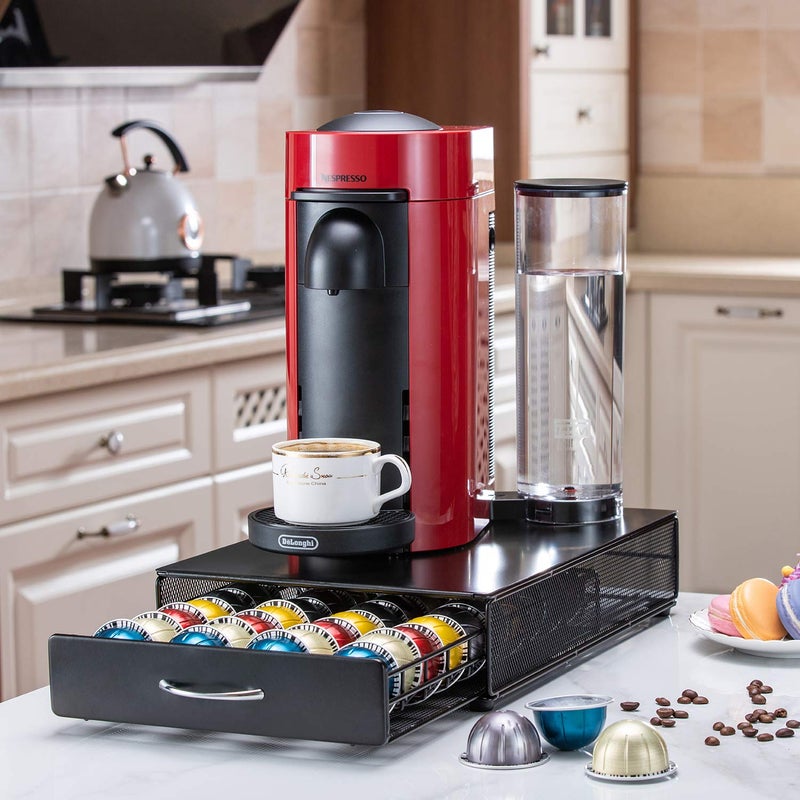 حامل كبسولات فيرتو الرائد مع درج تخزين لمنظم كبسولات نسبرسو فيرتو مع رفوف شبكية لحامل نسبرسو فيرتو باللون الأسود بسعة 40 كبسولة