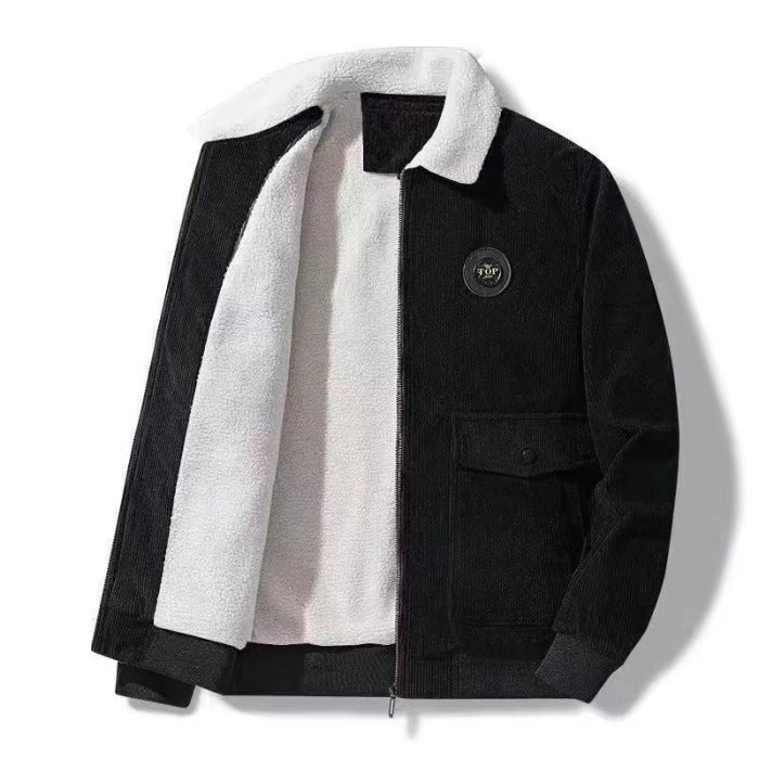 Mens Winter Fleece-Lined Thickened Woolen Jacket Black  - Image 1