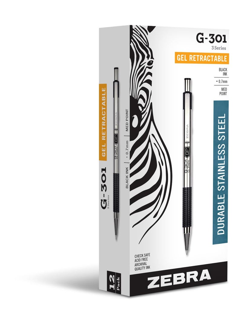 Zebra Pen G-301 Retractable Gel Pen, 0.7mm Medium Point, Stainless Steel Barrel, Ideal for Office Supplies, School Supplies & Teacher Supplies, Black Ink, 12-Pack (41310) - Image 1