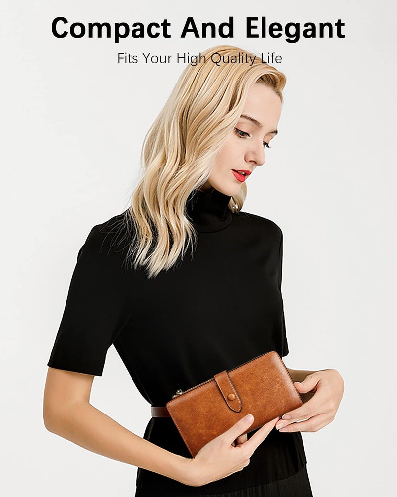 BOSTANTEN Leather Wallets RFID Blocking Large Capacity Trifold Card Holder Ladies Phone Clutch Brown - Image 4