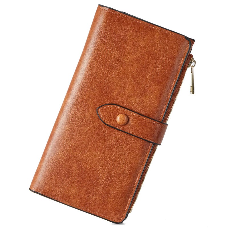 BOSTANTEN Leather Wallets RFID Blocking Large Capacity Trifold Card Holder Ladies Phone Clutch Brown - Image 1