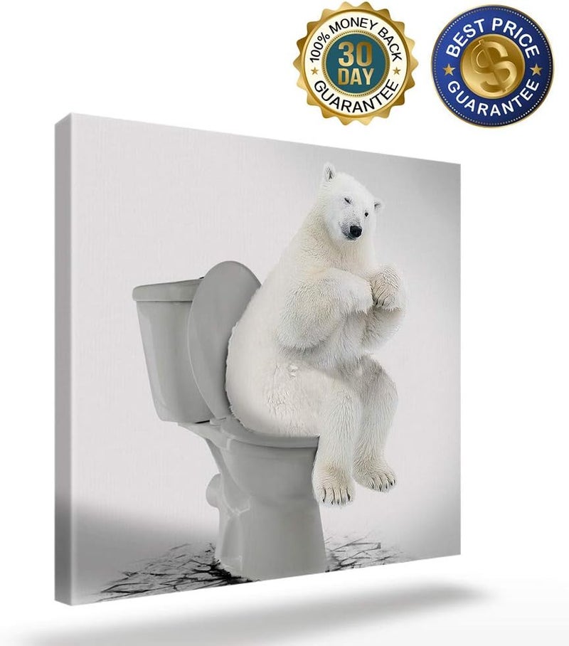 Custom Bed USA Canvas Wall Art Funny Animals Picture Prints, 12x12 inch Oil Painting Artwork Wood Gallery and Framed for Bathroom Wall Decor, Polar Bear Sitting on The Toilet - Image 2