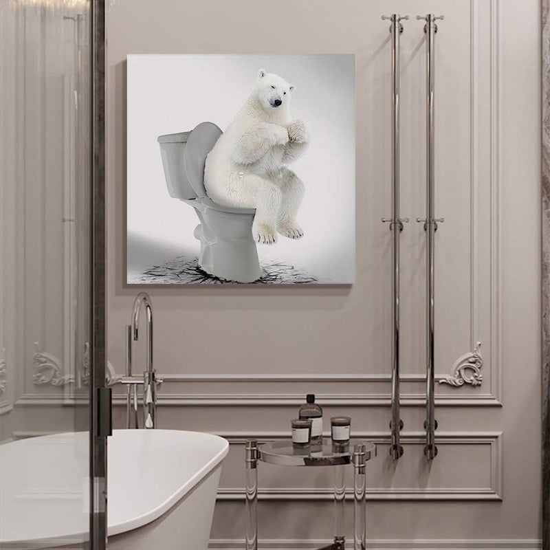Custom Bed USA Canvas Wall Art Funny Animals Picture Prints, 12x12 inch Oil Painting Artwork Wood Gallery and Framed for Bathroom Wall Decor, Polar Bear Sitting on The Toilet - Image 5