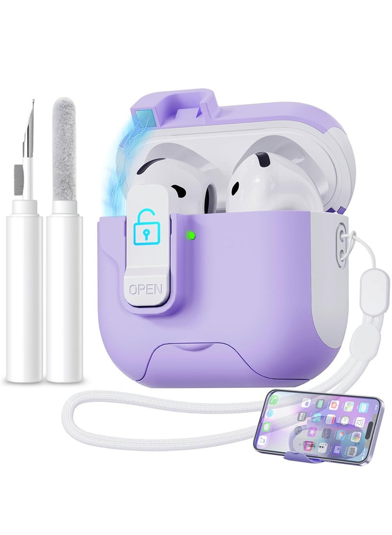 إكس ليفيل غطاء حماية لسماعات AirPods 4 مع سلسلة مفاتيح، متوافق مع Magsafe، قفل مغناطيسي تلقائي مع حامل هاتف لسماعات AirPods 4 مع غطاء شحن بتقنية إلغاء الضوضاء النشط، مصباح LED أمامي مرئي، يفتح تلقائيًا مع منظف وسلسلة مفاتيح، يفتح تلقائيًا (أرجواني) - Image 1