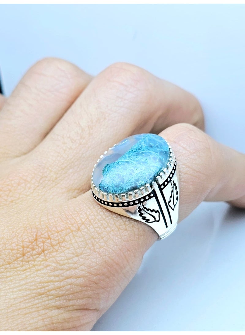 كريتر  خاتم رجالي عقيق يماني طبيعي  مع حلقة من الفضة عيار 925 - Image 3