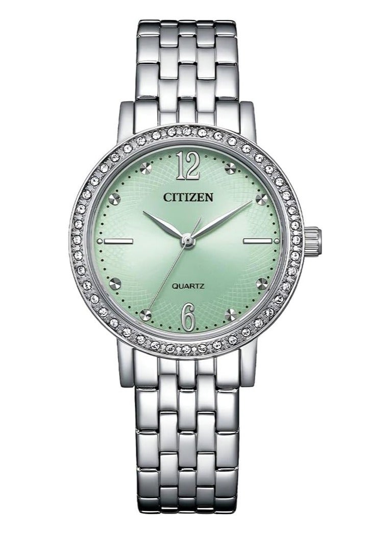 Citizen Quartz Crystal Green Dial Ladies Watch EL3100-55X Silver - Image 1