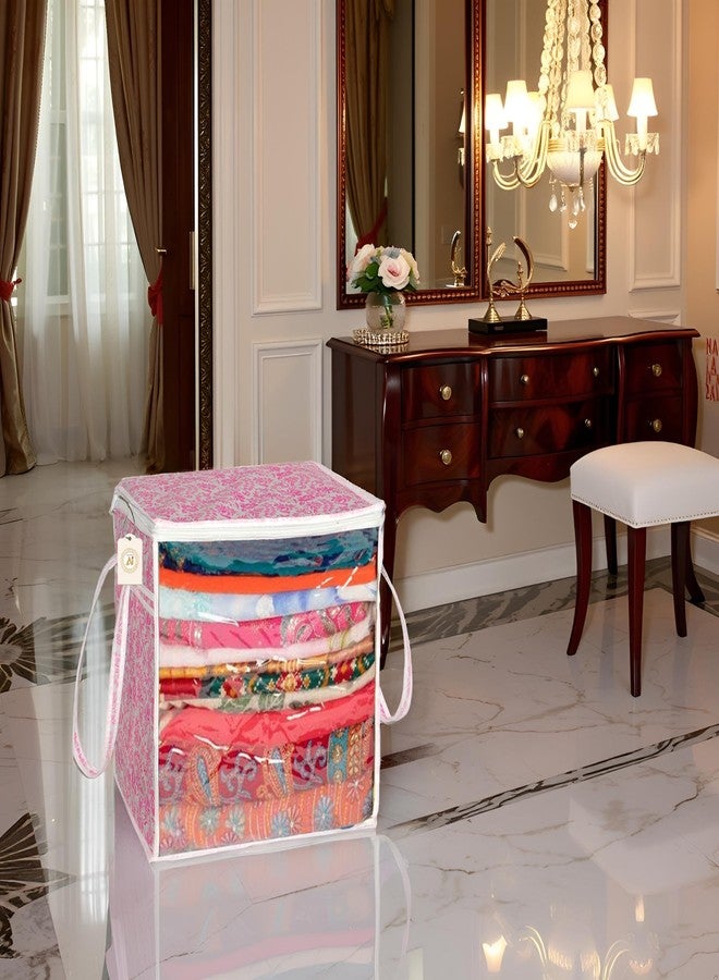 SHAPING FABRIC Pink Floral Fabric Saree Storage Bag with Transparent Front & Zipper Closure - Pack of 01 SNW-439 - Image 1
