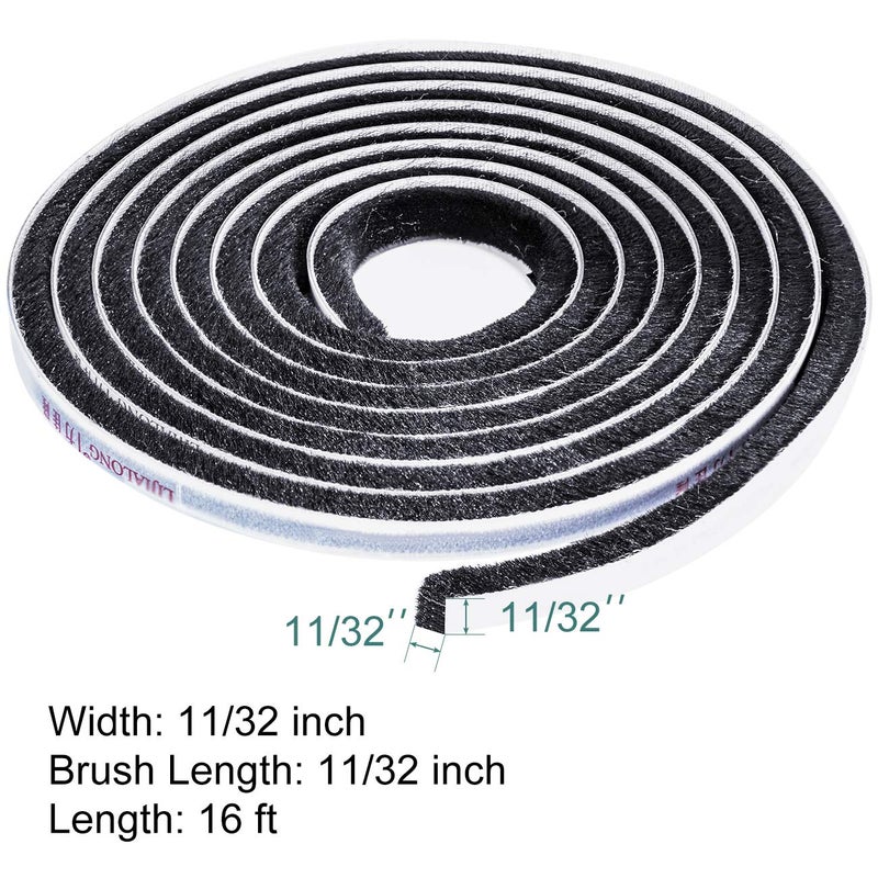 TORRAMI شريط عزل الطقس من تورامي بفرشاة 11/32 بوصة × 11/32 بوصة × 16 قدم للحماية من الصوت والطقس لأطر الأبواب المنزلقة المزدوجة مع شعيرات عالية الكثافة، أسود - Image 2