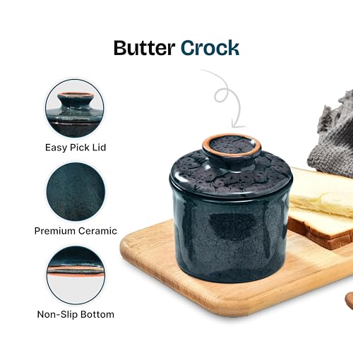 Teapeak Pottery Butter Keeper Crock - Ceramic Butter Dish with Water Line for Countertop, Keep Butter Fresh, Blue - Image 3