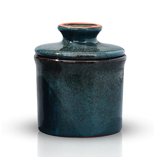 Teapeak Pottery Butter Keeper Crock - Ceramic Butter Dish with Water Line for Countertop, Keep Butter Fresh, Blue - Image 1