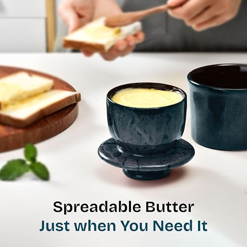 Teapeak Pottery Butter Keeper Crock - Ceramic Butter Dish with Water Line for Countertop, Keep Butter Fresh, Blue - Image 4