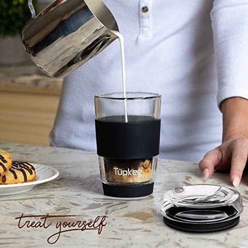 Tupkee Double Wall All Glass Tumbler - 8-Ounce, Reusable Insulated Tea/Coffee Mug & Lid, Hand Blown Glass Travel Mug - Black - 2 Pack - Image 4