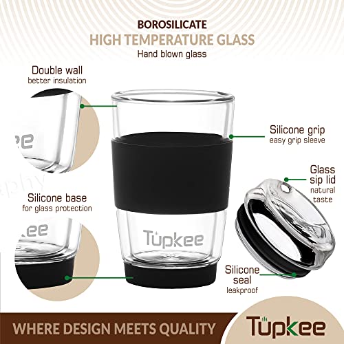 Tupkee Double Wall All Glass Tumbler - 8-Ounce, Reusable Insulated Tea/Coffee Mug & Lid, Hand Blown Glass Travel Mug - Black - 2 Pack - Image 3