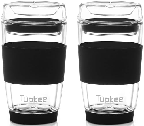 Tupkee Double Wall All Glass Tumbler - 8-Ounce, Reusable Insulated Tea/Coffee Mug & Lid, Hand Blown Glass Travel Mug - Black - 2 Pack - Image 1