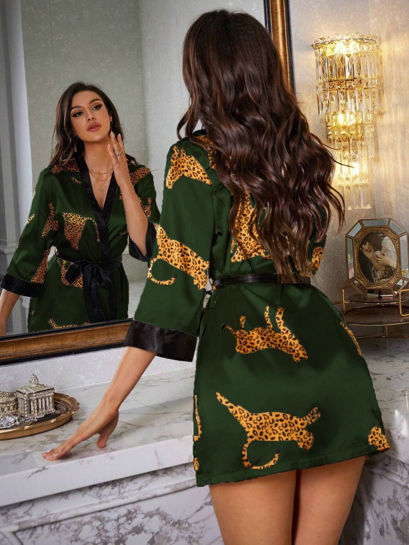my cherie Leopard Print Soft Satin Khaki Dressing Gown Kimono  - Image 4