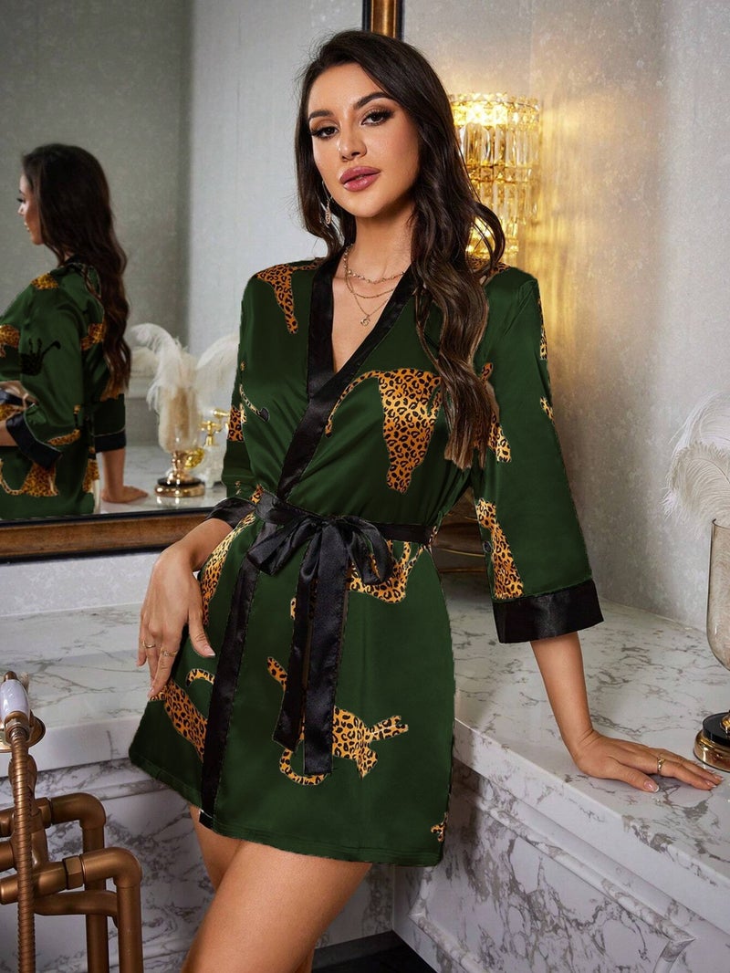 my cherie Leopard Print Soft Satin Khaki Dressing Gown Kimono  - Image 2