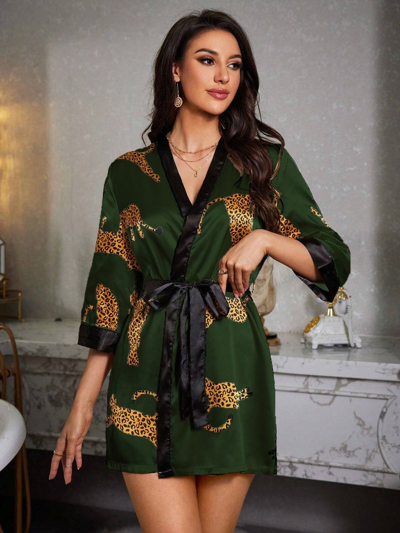 my cherie Leopard Print Soft Satin Khaki Dressing Gown Kimono  - Image 3