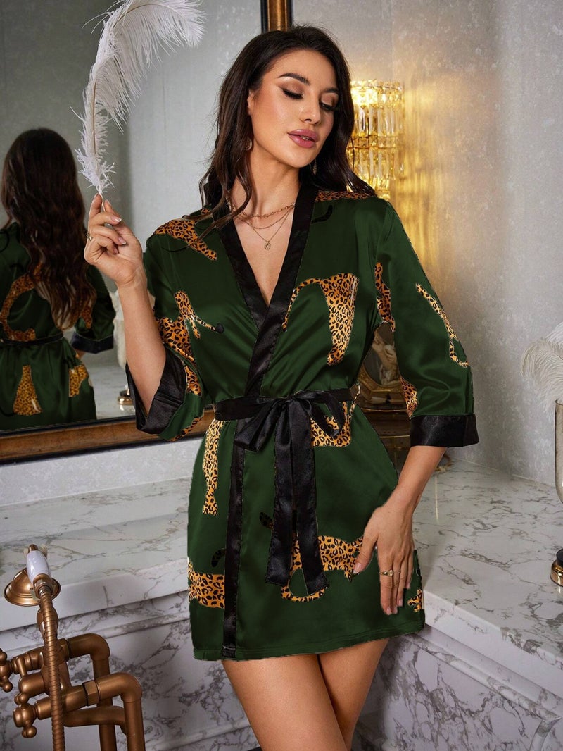 my cherie Leopard Print Soft Satin Khaki Dressing Gown Kimono  - Image 5