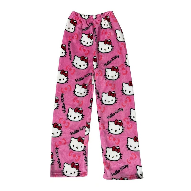 Childrens Cartoon KT Cat Pajama Pants Thickened Autumn Winter Warm Casual Home Leisure Flannel Pants Double Pack Pink  - Image 2