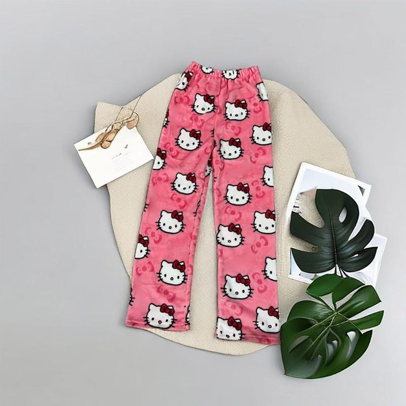 Childrens Cartoon KT Cat Pajama Pants Thickened Autumn Winter Warm Casual Home Leisure Flannel Pants Double Pack Pink  - Image 1