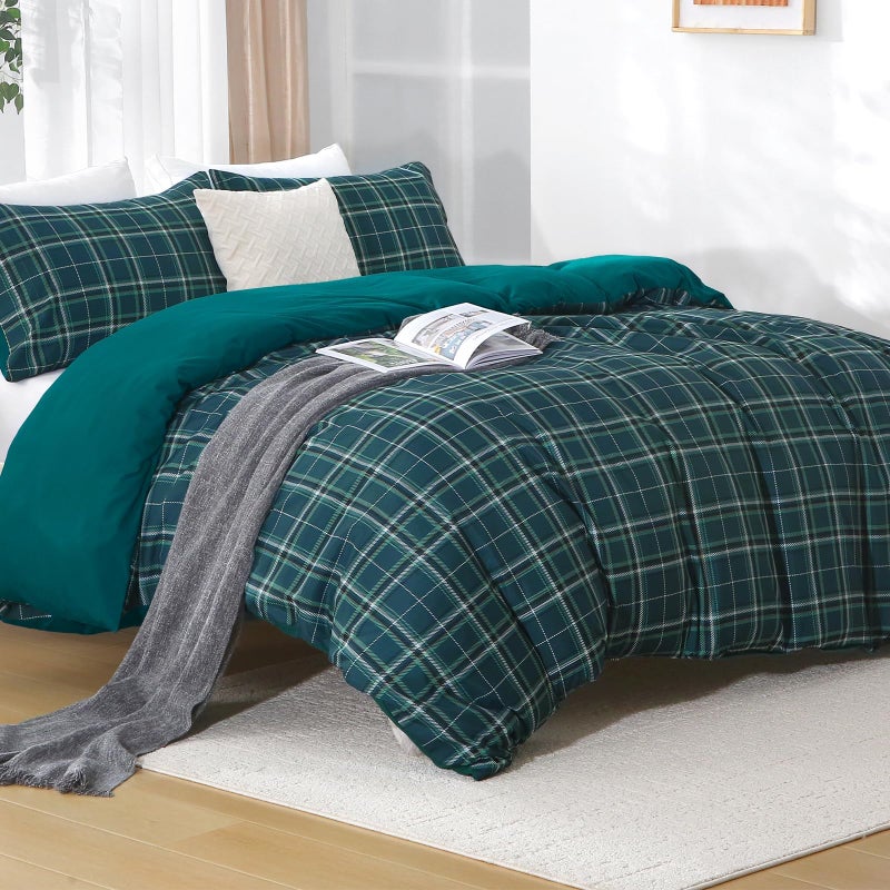 MUXHOMO Duvet Cover Queen Size, 3 Pieces Plaid Duvet Cover Set, Reversible Dark Green Bedding Set with Dual-Zipper & 8 Corner Ties (90"x90", 2 Pillowcases) - Image 1