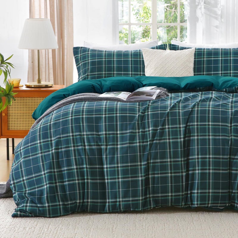 MUXHOMO Duvet Cover Queen Size, 3 Pieces Plaid Duvet Cover Set, Reversible Dark Green Bedding Set with Dual-Zipper & 8 Corner Ties (90"x90", 2 Pillowcases) - Image 2