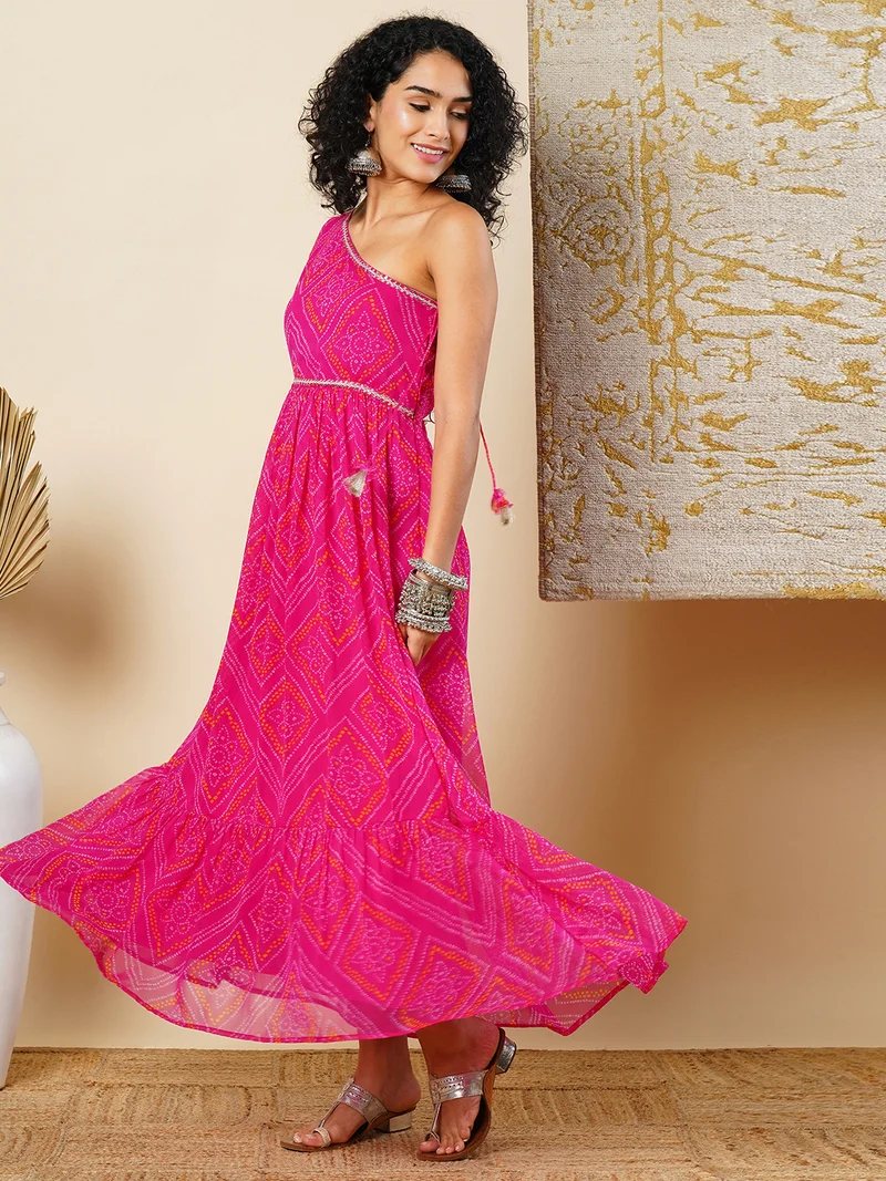 globus Women Bandhani Printed One Shoulder Flared A-Line Maxi Ethnic Dress