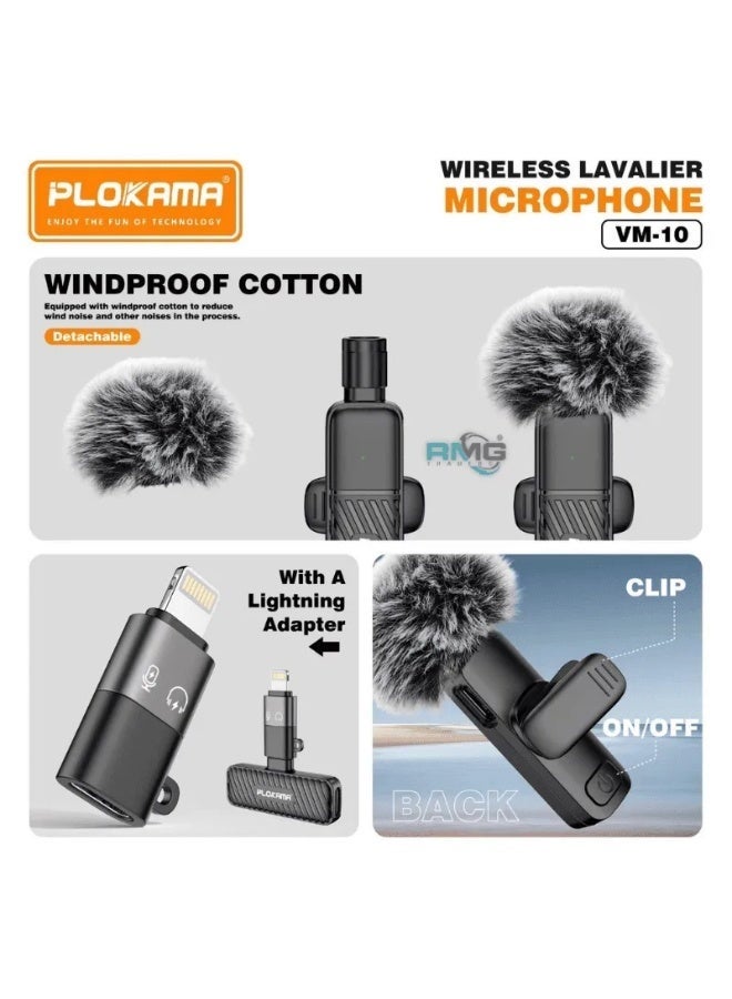 PLOKAMA ميكروفون لاسلكي صغير VM-10 مع اتصال 2.4G، ميكروفون لافاليير قابل للتثبيت، تقنية تقليل الضوضاء، مسجل صوت محمول قابل لإعادة الشحن لمقاطع الفيديو، المقابلات، البث ومحتوى الفيديو - Image 3