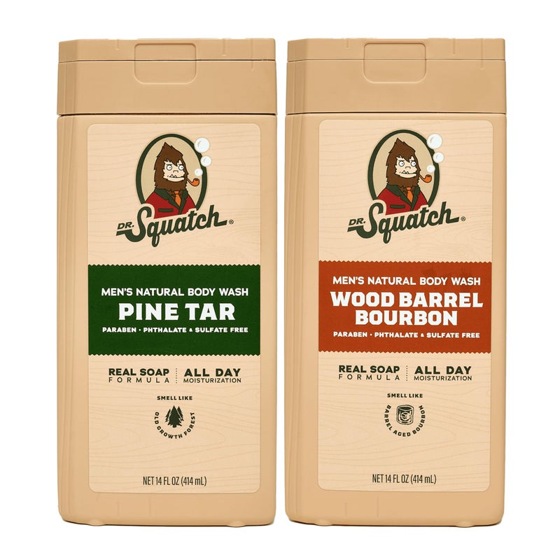 Dr. Squatch NEW Body Wash for Men with Nourishing, Natural Ingredients | No Paraben, Phthalate, Sulfate | All Day Moisture | Long Lasting Scent | Pine Tar & Wood Barrel Bourbon (14 oz, 2-Pack) - Image 1