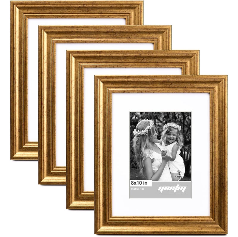 Yaetm 8x10 Picture Frame Matted to 5x7 Set of 4, 1.4â€ Wide Molding & Rustic Gold Photo Frames 8 x 10 with Tempered Glass, Display on Tabletop & Wall Mounting (4 pack, Gold) - Image 1