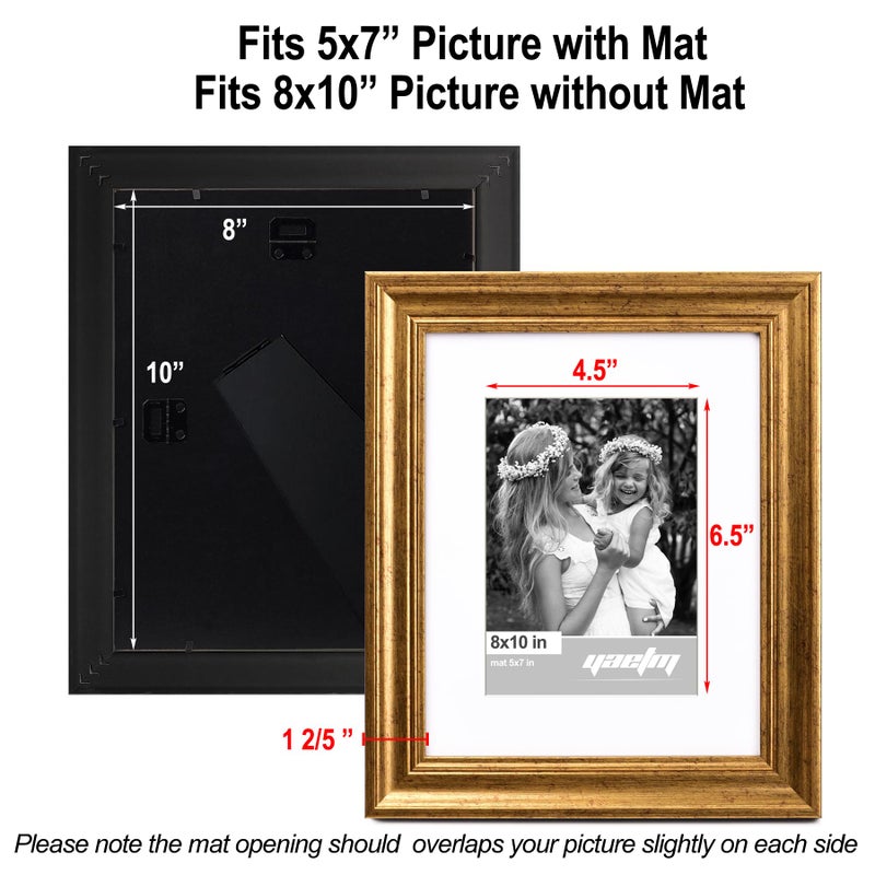 Yaetm 8x10 Picture Frame Matted to 5x7 Set of 4, 1.4â€ Wide Molding & Rustic Gold Photo Frames 8 x 10 with Tempered Glass, Display on Tabletop & Wall Mounting (4 pack, Gold) - Image 3