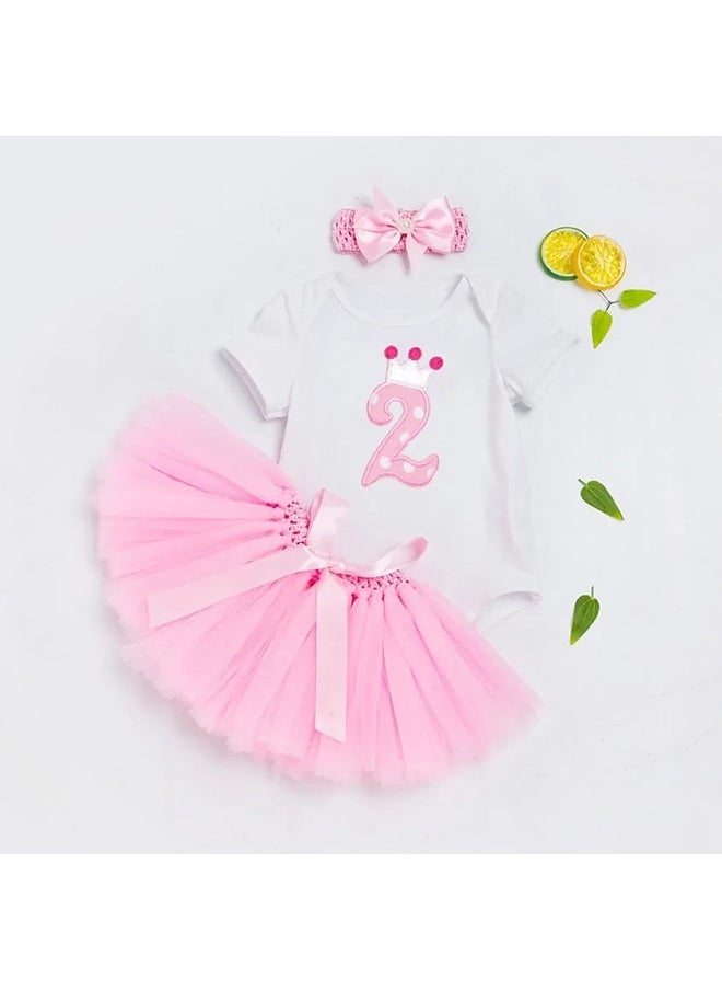 We Happy - 3 Piece 2nd Birthday Baby Girls Dress Princess Costume Bodysuit with Tutu stripped Skirt and headband - Image 1
