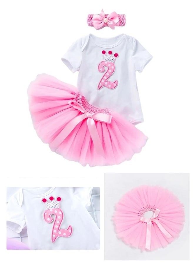 We Happy - 3 Piece 2nd Birthday Baby Girls Dress Princess Costume Bodysuit with Tutu stripped Skirt and headband - Image 1
