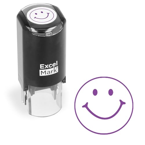 ExcelMark Smiley FACE - Self-Inking Round Teacher Stamp - Purple Ink - Image 1