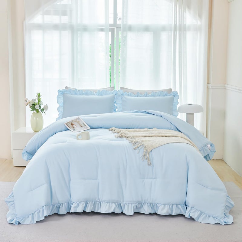 ANGIYUIN Light Blue Ruffle Girls Comforter Set Twin Size 5 Pieces Ruffled Farmhouse Bed in A Bag Solid Boho Bedding Comforter Sets Soft Fluffy Bed Sets for Kids GirlLight Blue Twin