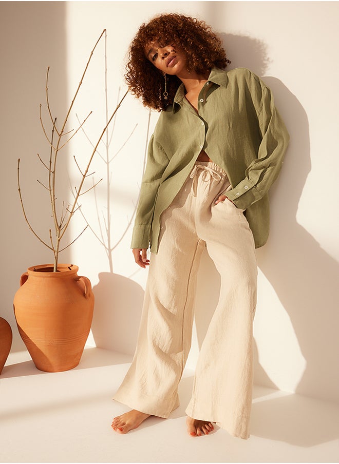 trendyol - Mint 100% Linen Oversize Shirt with Accessory Detail TWOSS24GO00120 - Image 1