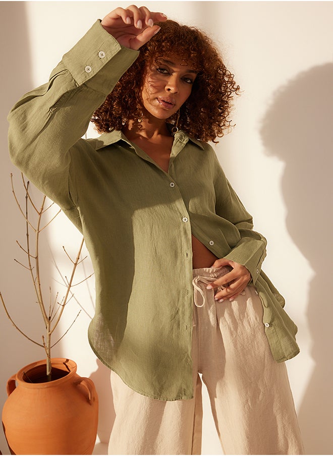 trendyol - Mint 100% Linen Oversize Shirt with Accessory Detail TWOSS24GO00120 - Image 1
