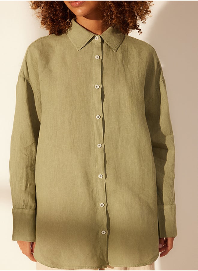 trendyol - Mint 100% Linen Oversize Shirt with Accessory Detail TWOSS24GO00120 - Image 1