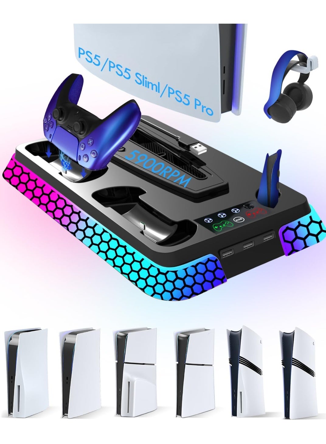PS5/Pro/Slim Cooling Station with RGB Lights, PS5 Stand Accessories with Silent 3-Level Cooling Fans, Dual Controller Charger and USB Hubs