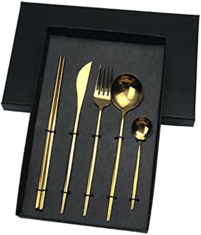 Silverware Set 10/20/30Piece Portuguese Cutlery Flat Handle Stainless Steel Knives, Forks, Spoons and Chopsticks(Gold,2 Set) - Image 1