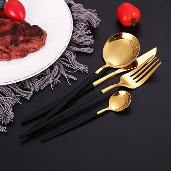 Silverware Set 10/20/30Piece Portuguese Cutlery Flat Handle Stainless Steel Knives, Forks, Spoons and Chopsticks(Gold,2 Set) - Image 3