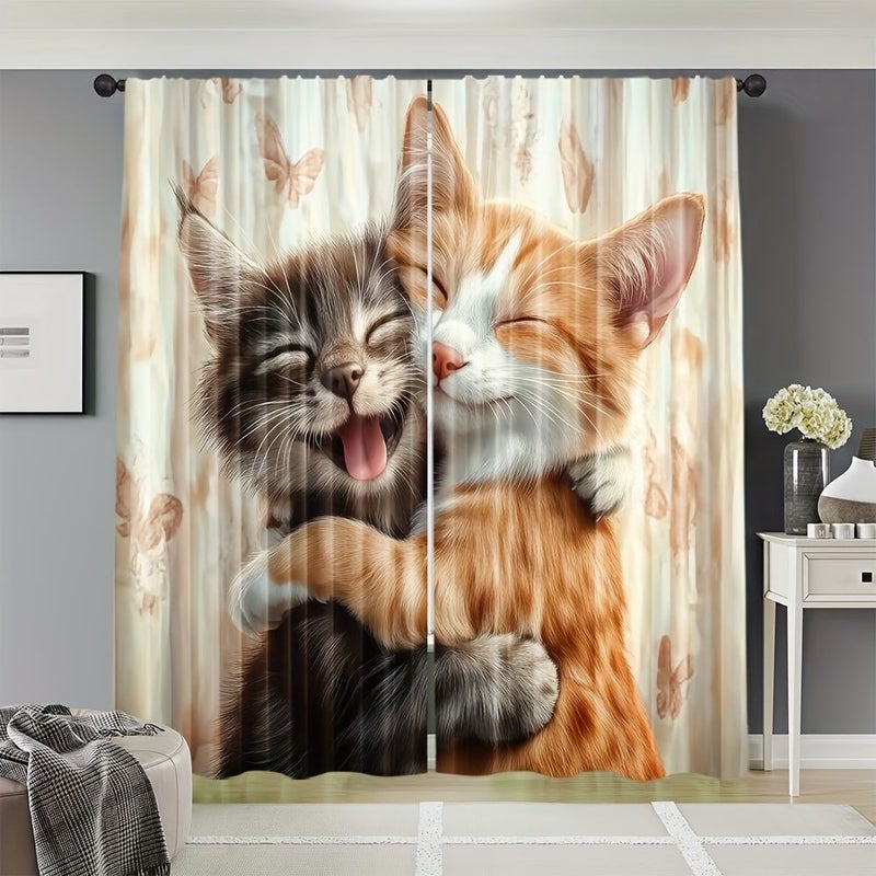 قطعتان من ستائر قطة لطيفة، ستائر نافذة تعمل على ترشيح الضوء بتصميم كيتي المحبوب، ستائر ألواح بوليستر للباب، لغرفة المعيشة وغرفة النوم، هدية لعشاق الحيوانات الأليفة وديكور المنزل، مقاس 60 × 150 سم لكل قطعة، لا تشمل القضيب. - Image 2