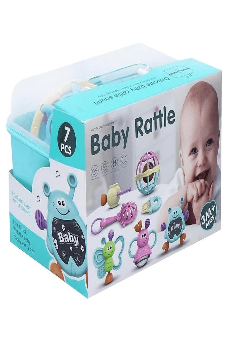 7 Pcs Sensory Soft Rubber Infant and Newborn Baby Rattle (Blue) - Image 3