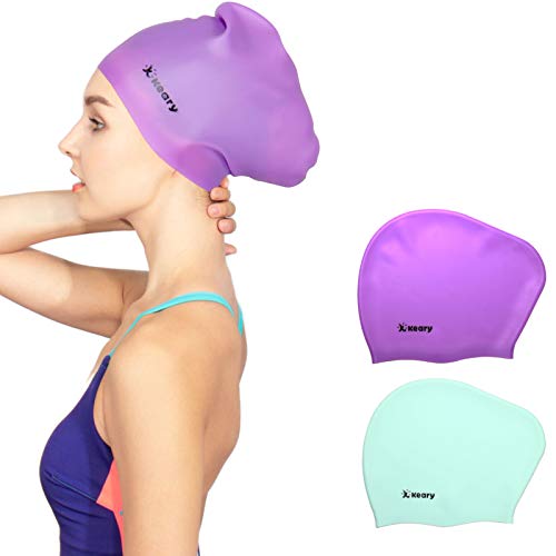 Keary 2 Pack Silicone Swim Cap for Long Hair Women Girls Waterproof Pool Swimming Cap Cover Ears to Keep Your Hair Dry, 3D Ergonomic Stretchable Durable and Anti-Slip, Easy to Put On and Off - Image 1