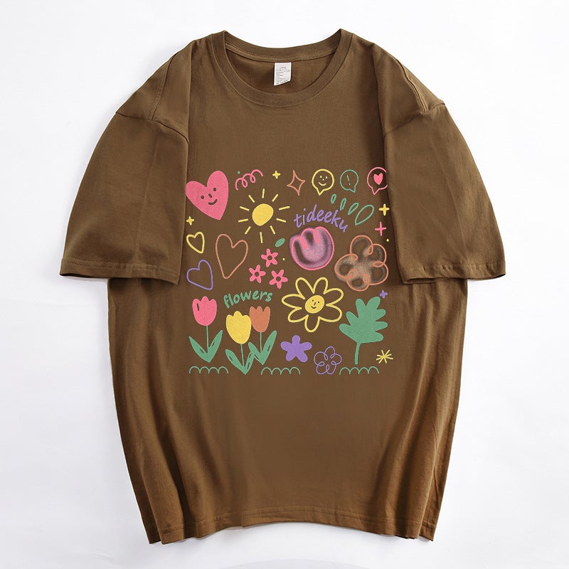 Pure Cotton Collar Klein Blue Cartoon Graffiti Print Short-Sleeved T-Shirt Women'S Summer Loose Casual Half-Sleeved Top T-Shirt - Image 1