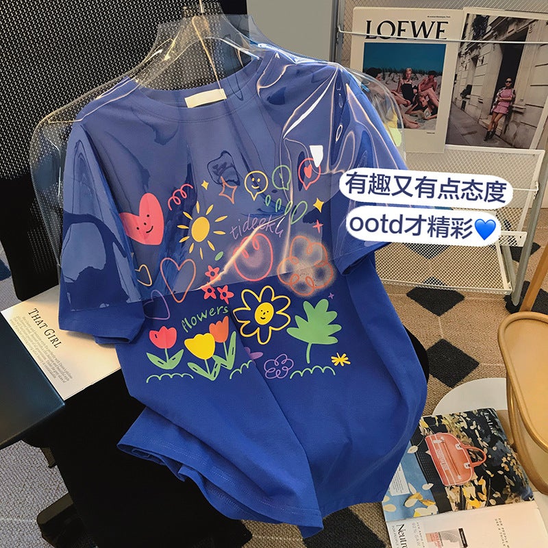 Pure Cotton Collar Klein Blue Cartoon Graffiti Print Short-Sleeved T-Shirt Women'S Summer Loose Casual Half-Sleeved Top T-Shirt - Image 2
