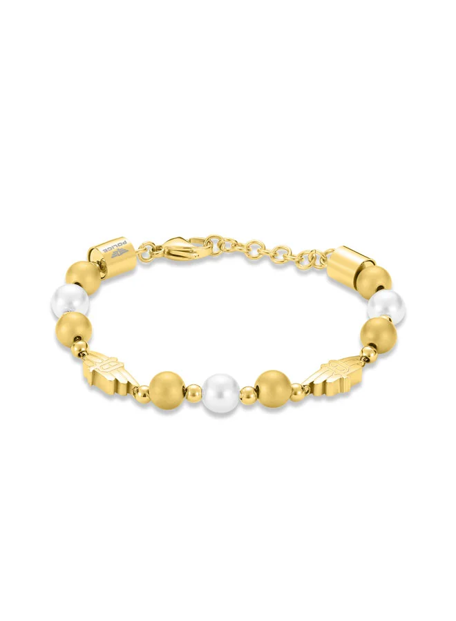 POLICE Expression Bracelet GoldPlated with White and Gold Pearls, P Wing Logo, Bold and Luxurious Style