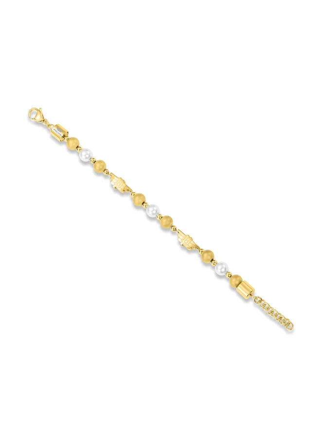 POLICE Expression Bracelet GoldPlated with White and Gold Pearls, P Wing Logo, Bold and Luxurious Style