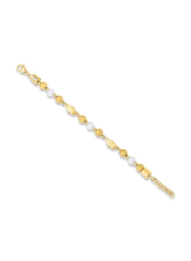 بوليس سوار بتصميم تعبيري مطلي بالذهب مع لؤلؤ أبيض وذهبي وشعار   بأسلوب جريء وفاخر - Image 2